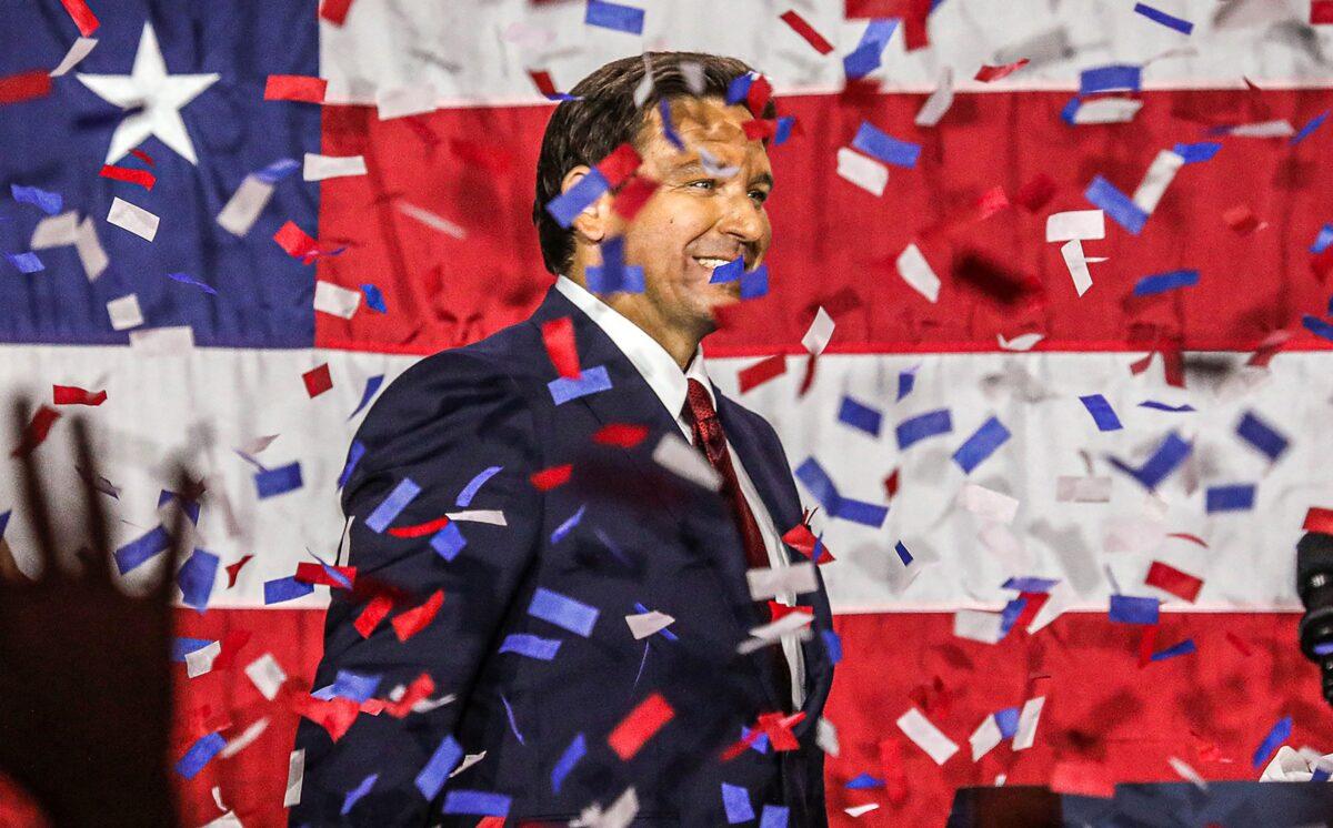 Florida's Gov. Ron DeSantis, Republican candidate up for reelection, walks onstage during an election night watch party at the Convention Center in Tampa, Fla., on Nov. 8, 2022. (Giorgio Viera/AFP via Getty Images)