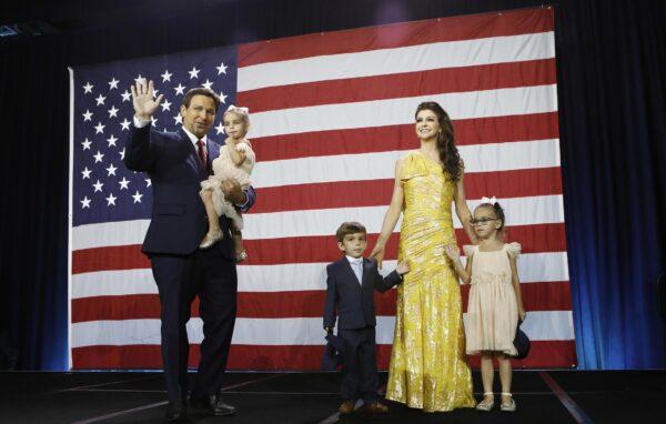 Florida Gov. Ron DeSantis, his wife Casey DeSantis, and their children walk on stage to celebrate victory during an election night watch party at the Tampa Convention Center in Florida, on Nov. 8, 2022. (Octavio Jones/Getty Images)