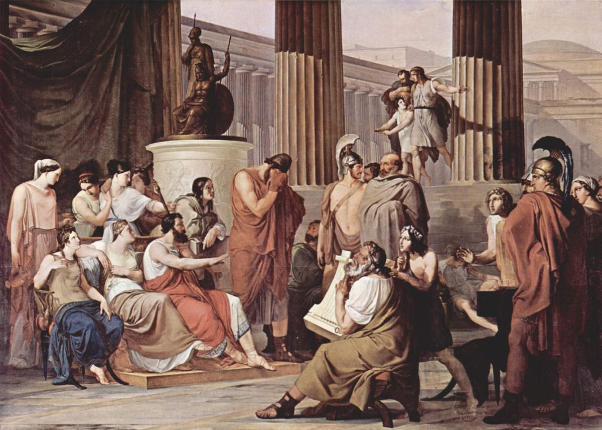 Odysseus weeps as the blind Demodocus plays the harp and sings about Odysseus and Achilles at Troy. "Ulysses at the Court of Alcinous,"1814–1815, by Francesco Hayez. Oil on canvas. National Museum of Capodimonte, Naples, Italy. (Public Domain)