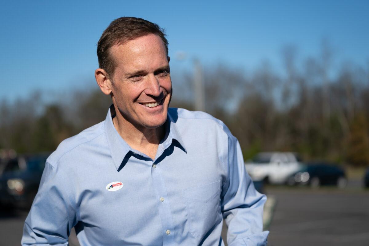 Republican Rep. Ted Budd smiles after voting at Farmington Baptist Church in Mocksville, N.C., on Nov. 8, 2022. (Sean Rayford/Getty Images)