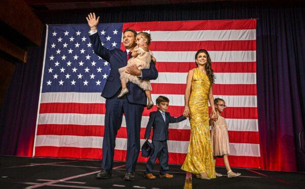 Florida Gov. Ron DeSantis with his wife Casey DeSantis and children Madison, Mason, and Mamie, waves to the crowd during an election night watch party at the Convention Center in Tampa, Florida, on Nov. 8, 2022. (Giorgio Viera/Getty Images)