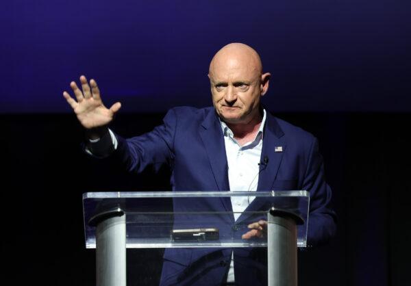 Sen. Mark Kelly (D-Ariz.) delivers remarks to supporters at his election night rally at the Rialto Theatre in Tucson, Arizona, on Nov. 8, 2022. (Kevin Dietsch/Getty Images)