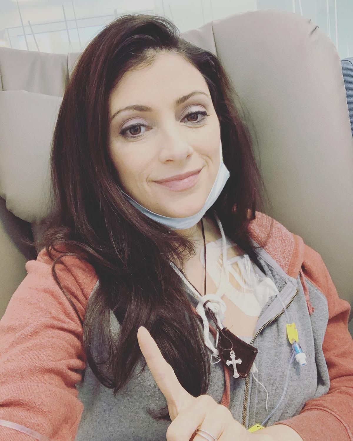 Jessica after the first dose of chemo at 20 weeks pregnant on Feb. 9, 2021. (Courtesy of <a href="https://www.instagram.com/blessed_by_cancer/">Jessica Hanna</a>)
