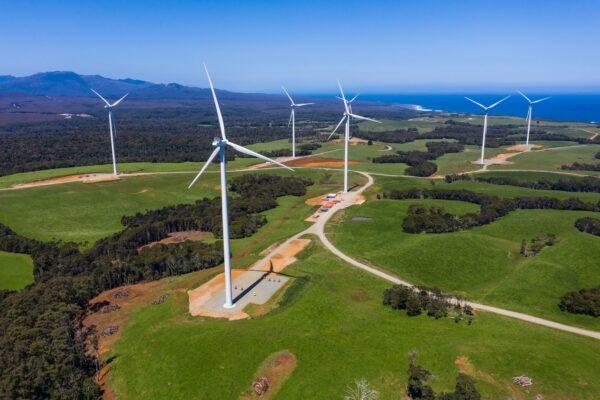 A supplied image obtained on Nov. 27, 2020, of a wind farm at Granville Harbour in Tasmania, Australia. (AAP Image/Courtesy of Granville Harbour Wind Farm)