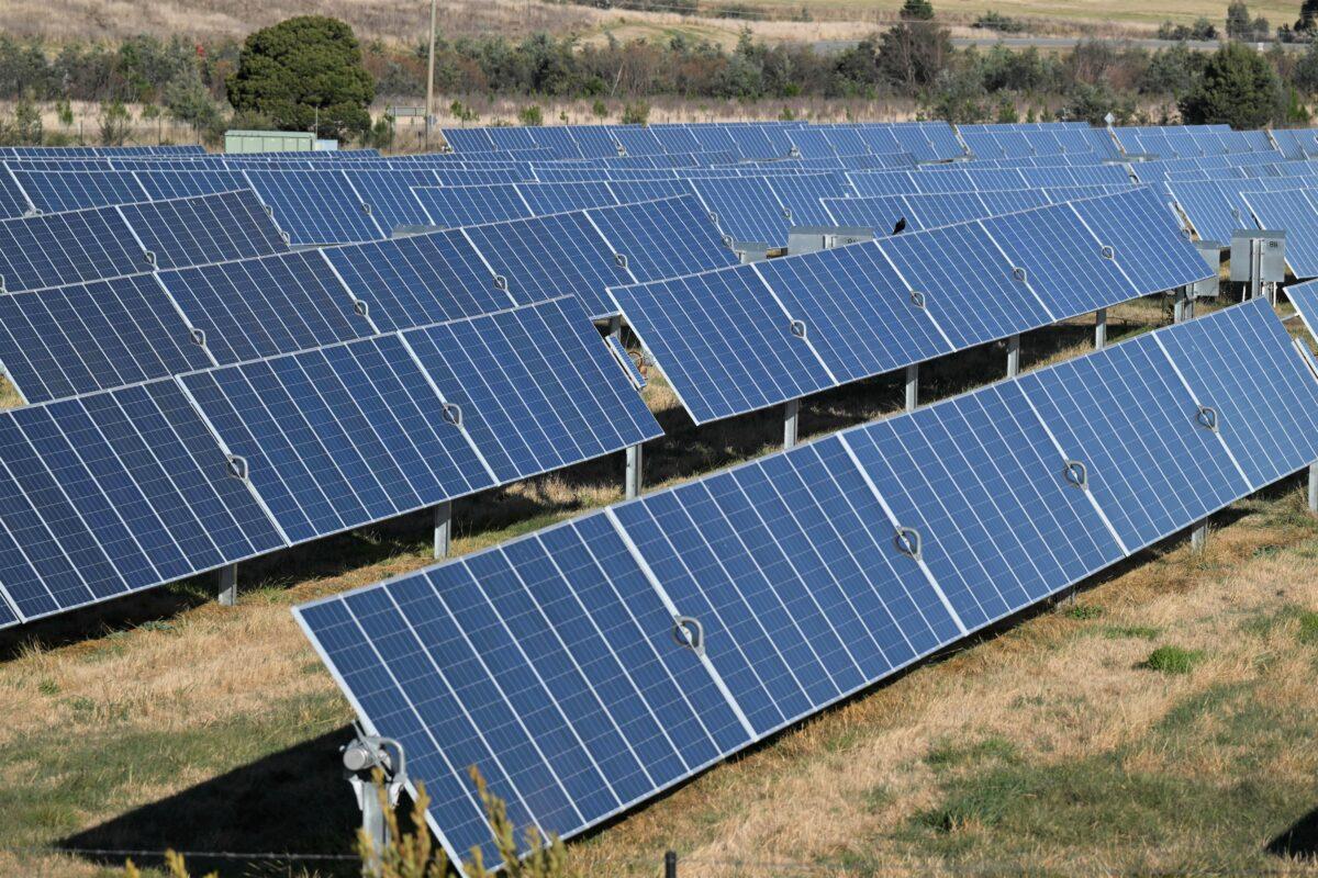 Solar panels are seen at a solar farm on the northern outskirts of Canberra, Australia, on June 15, 2022. (AAP Image/Mick Tsikas)