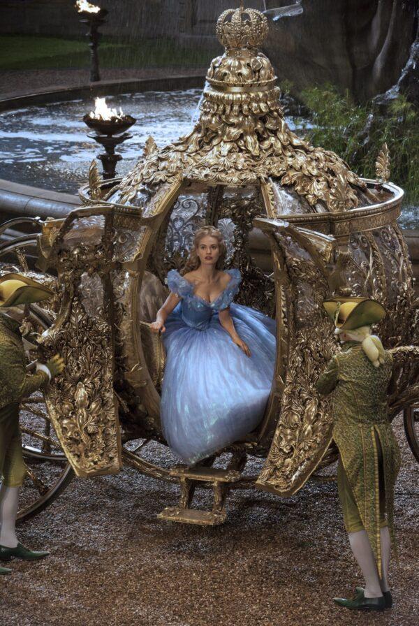 Cinderella (Lily James) attends the royal ball in a pumpkin transformed into a coach, in "Cinderella." (MovieStillsDB)