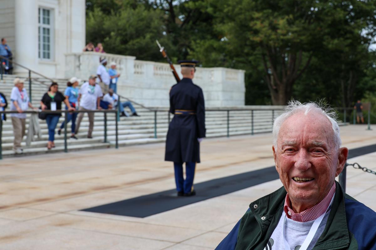 Lee Robertson at the Changing of the Guard at the Tomb of the Unknown Soldier in Arlington Cemetery, Va. (Courtesy of the Bluegrass Honor Flight)