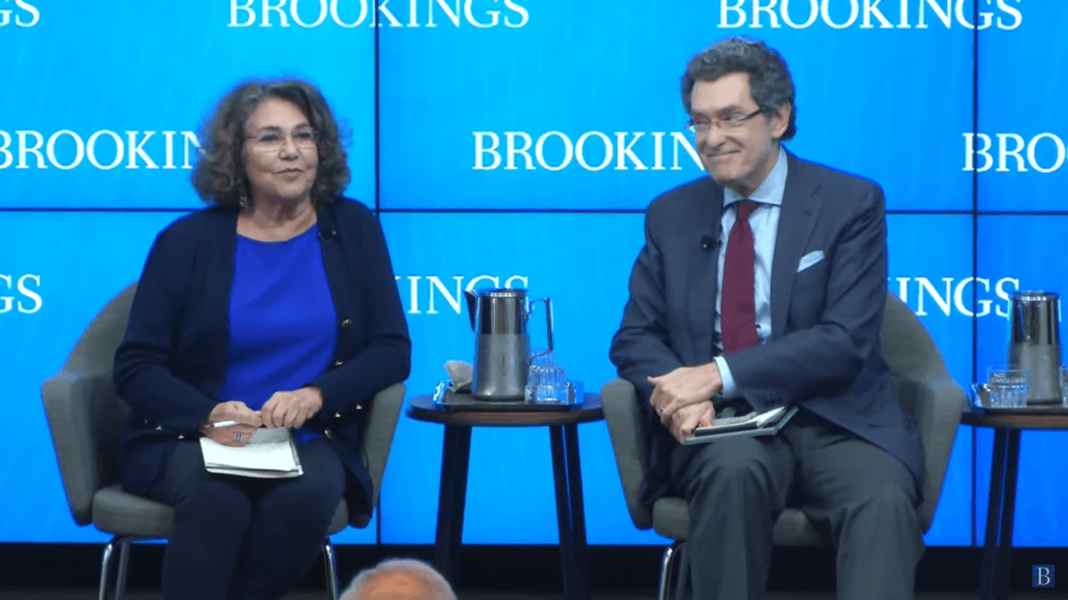 Elaine Kamarck (L), the founding director of the Center for Effective Public Management, and Norman Eisen (R), senior fellow in governance studies at the Brookings Institution, at an event at The Brookings Institution in Washington on Nov. 10, 2022, in a still from video. (Brookings Institution/Screenshot via NTD)