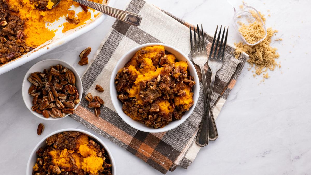 Sweet potato casserole can be completely prepared in advance and baked later. (Courtesy of Amy Dong)