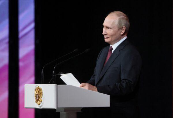 Russian President Vladimir Putin attends a ceremony to mark the 75th anniversary of the Federal Medical-Biological Agency in Moscow on Nov. 9, 2022. (Sputnik/Mikhail Metzel/Pool via Reuters)