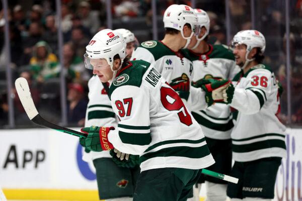 Kirill Kaprizov (97) of the Minnesota Wild reacts after scoring a goal during the third period of a game against the Anaheim Ducks at the Honda Center in Anaheim, Calif., on Nov. 9, 2022. (Sean M. Haffey/Getty Images)