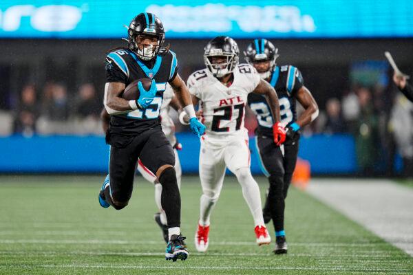 Carolina Panthers wide receiver Laviska Shenault Jr. runs for a touchdown against the Atlanta Falcons during the first half of an NFL football game in Charlotte, N.C., on Nov. 10, 2022. (Rusty Jones/AP Photo)
