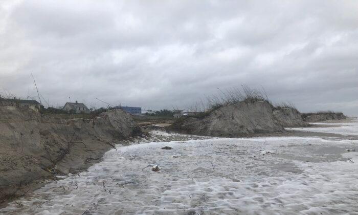 Dunes chewed by Tropical Storm Nicole resist total collapse on St. Augustine Beach, Fla., on Nov. 10, 2022. (Nanette Holt/The Epoch Times)