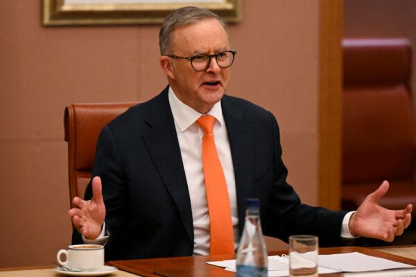 Australian Prime Minister Anthony Albanese speaks during a meeting at Parliament House in Canberra, Australia, on Oct. 18, 2022. (Lukas Coch-Pool/Getty Images)