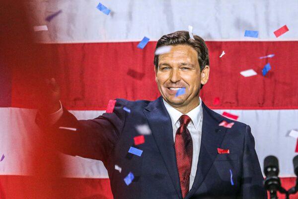 Republican gubernatorial candidate for Florida Ron DeSantis waves to the crowd during an election night watch party at the Convention Center in Tampa, Fla., on Nov. 8, 2022. (Giorgio Viera/AFP via Getty Images)