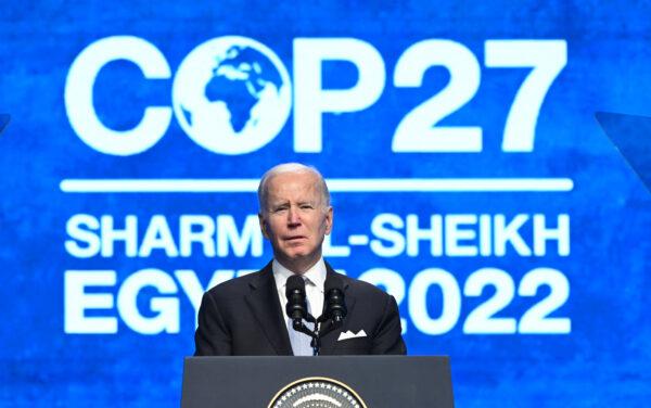 President Joe Biden delivers a speech during the COP27 summit in Sharm el-Sheikh, Egypt, on Nov. 11, 2022. (Saul Loeb/AFP via Getty Images)