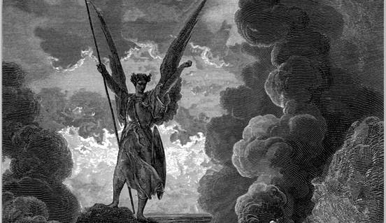 Satan addresses another rebel angel after being cast from heaven, in a detail from “Forthwith upright he rears from off the pool/His mighty stature,” 1866, by Gustav Doré for John Milton’s “Paradise Lost.” Engraving. (Public Domain)