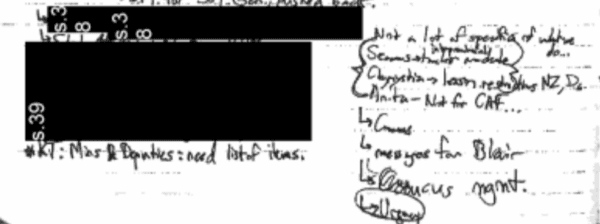 Handwritten notes from Brian Clow, deputy chief of staff to Prime Minister Justin Trudeau. (Screenshot)