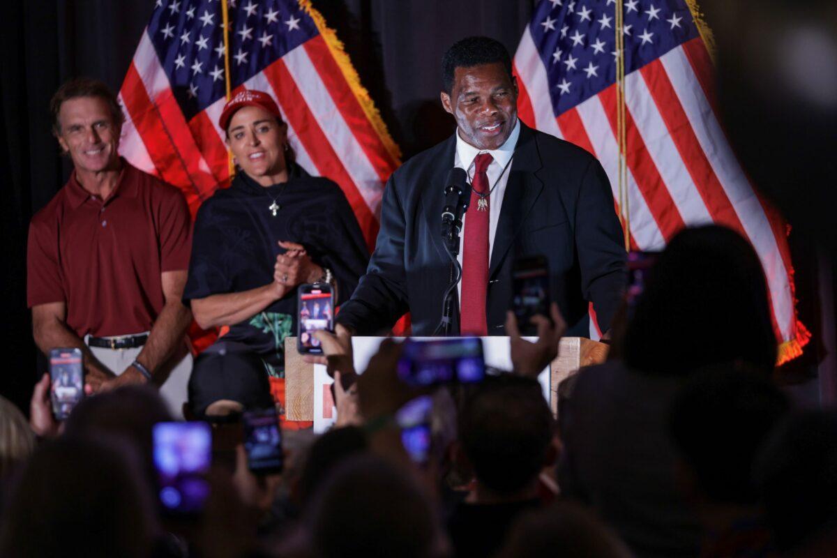 Republican U.S. Senate candidate Herschel Walker speaks to supporters during an election night event in Atlanta, Ga., on Nov. 8, 2022. (Alex Wong/Getty Images)
