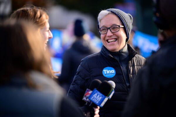Oregon Democratic gubernatorial candidate Tina Kotek speaks with members of the media at a rally near the Broadway Bridge in Portland, Oreg., on Nov. 8, 2022. (Mathieu Lewis-Rolland/Getty Images)