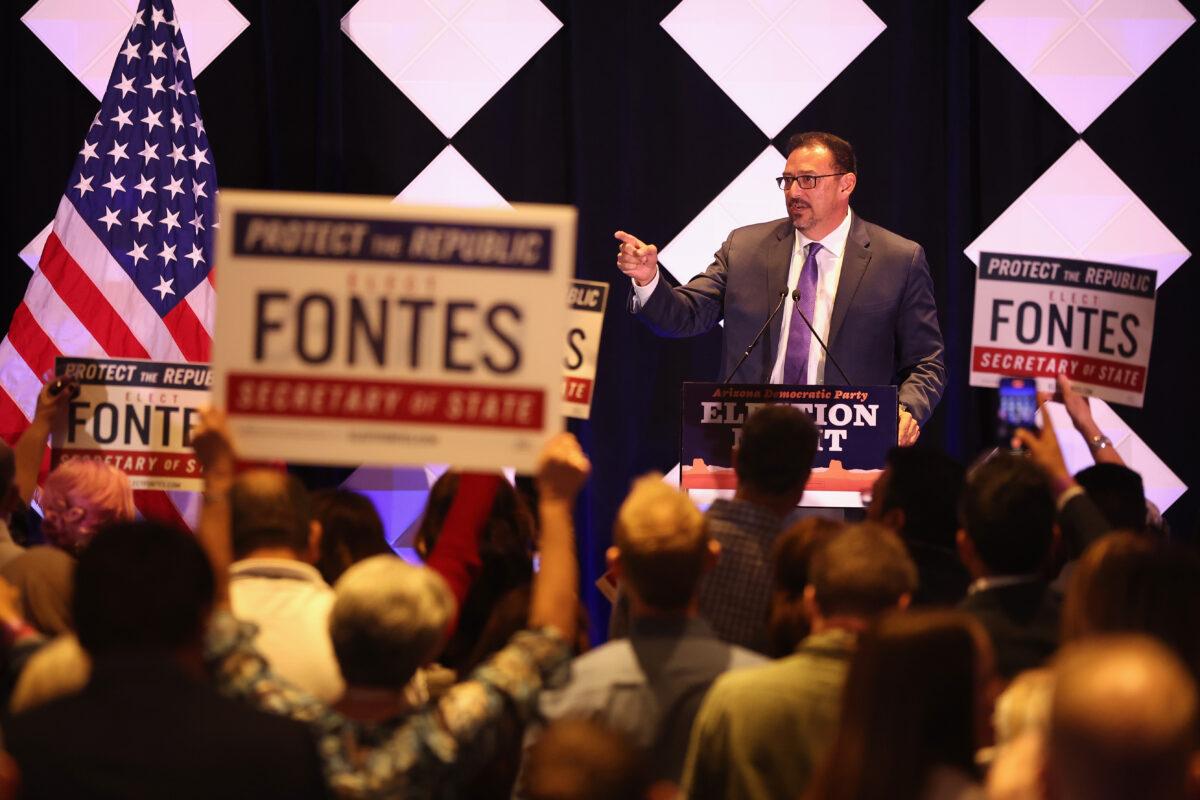 Adrian Fontes, Democrat candidate for Arizona Secretary of State speaks at an election night watch party at the Renaissance Phoenix Downtown Hotel in Phoenix, Ariz., on Nov. 8, 2022. (Christian Petersen/Getty Images)