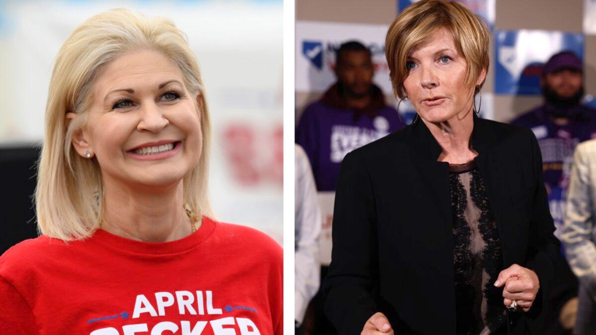 (Left) Republican congressional candidate April Becker in Las Vegas, Nev., on Oct. 22, 2022. (David Becker/Getty Images); (Right) U.S. Rep. Susie Lee (D-Nev.) speaks to volunteers in Las Vegas, Nev., on Nov. 2, 2022. (Anna Moneymaker/Getty Images)