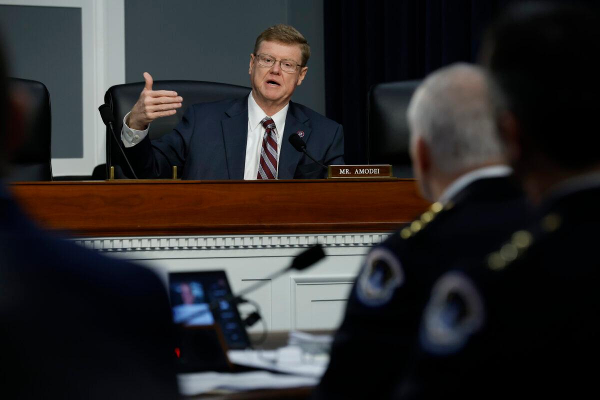 House Appropriations Legislative Branch Subcommittee member Rep. Mark Amodei (R-Nev.) questions U.S. Capitol Police Chief Thomas Manger during a hearing in the Rayburn House Office Building on Capitol Hill in Washington on March 30, 2022. (Chip Somodevilla/Getty Images)