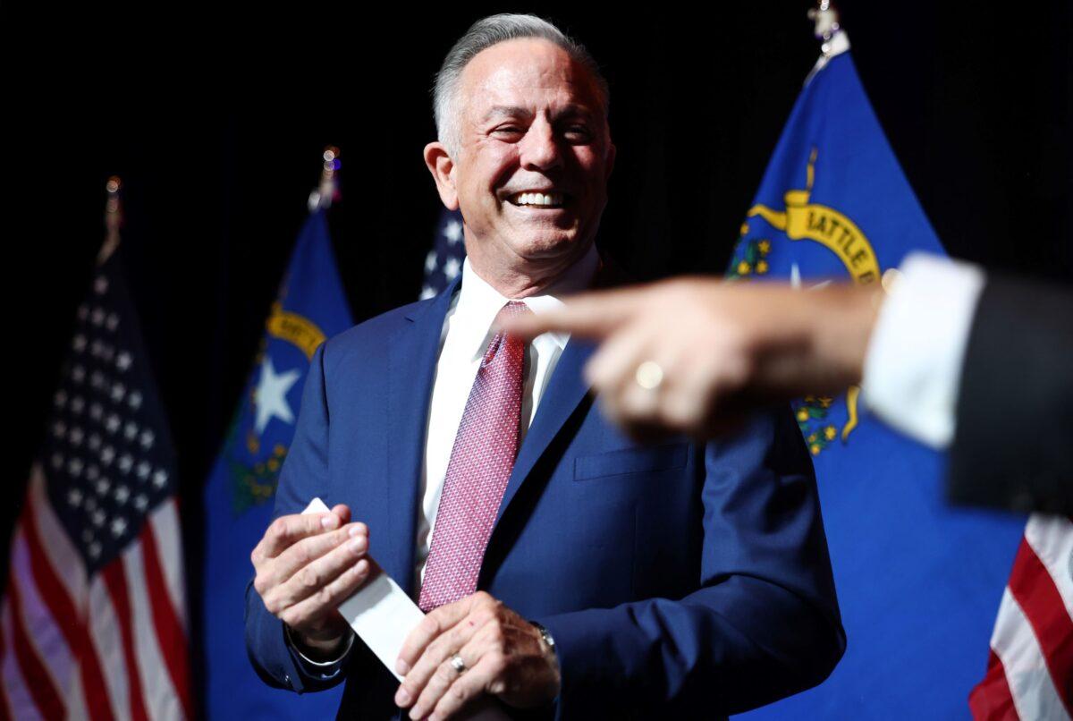 Nevada Republican gubernatorial candidate Joe Lombardo smiles after speaking at a Republican midterm election night party at Red Rock Casino in Las Vegas, Nev., on Nov. 8, 2022. (Mario Tama/Getty Images)