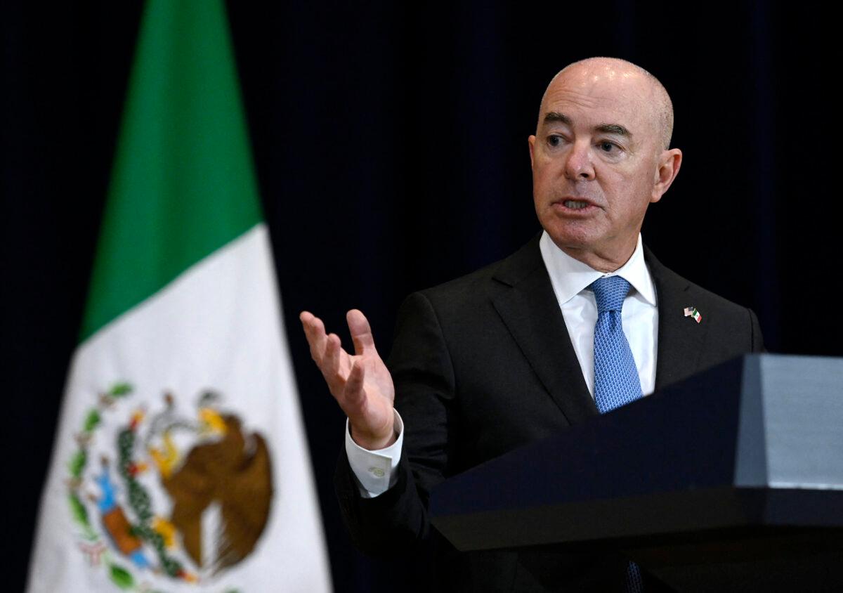 U.S. Homeland Security Secretary Alejandro Mayorkas speaks during a joint press conference with Mexican Foreign Secretary Marcelo Ebrard and Mexican Security Secretary Rosa Icela Rodriguez at the State Department in Washington on Oct. 13, 2022. (Olivier Douliery/AFP via Getty Images)
