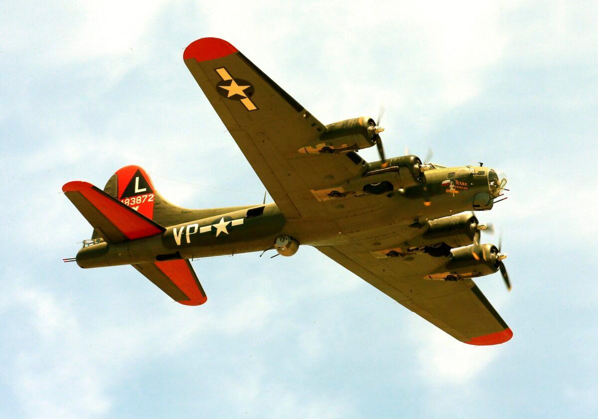 The historic military B-17 aircraft named "Texas Raiders" flies over Barksdale A.F.B., La., on May 8, 2021. (Dr. Scott M. Lieberman/AP Photo)