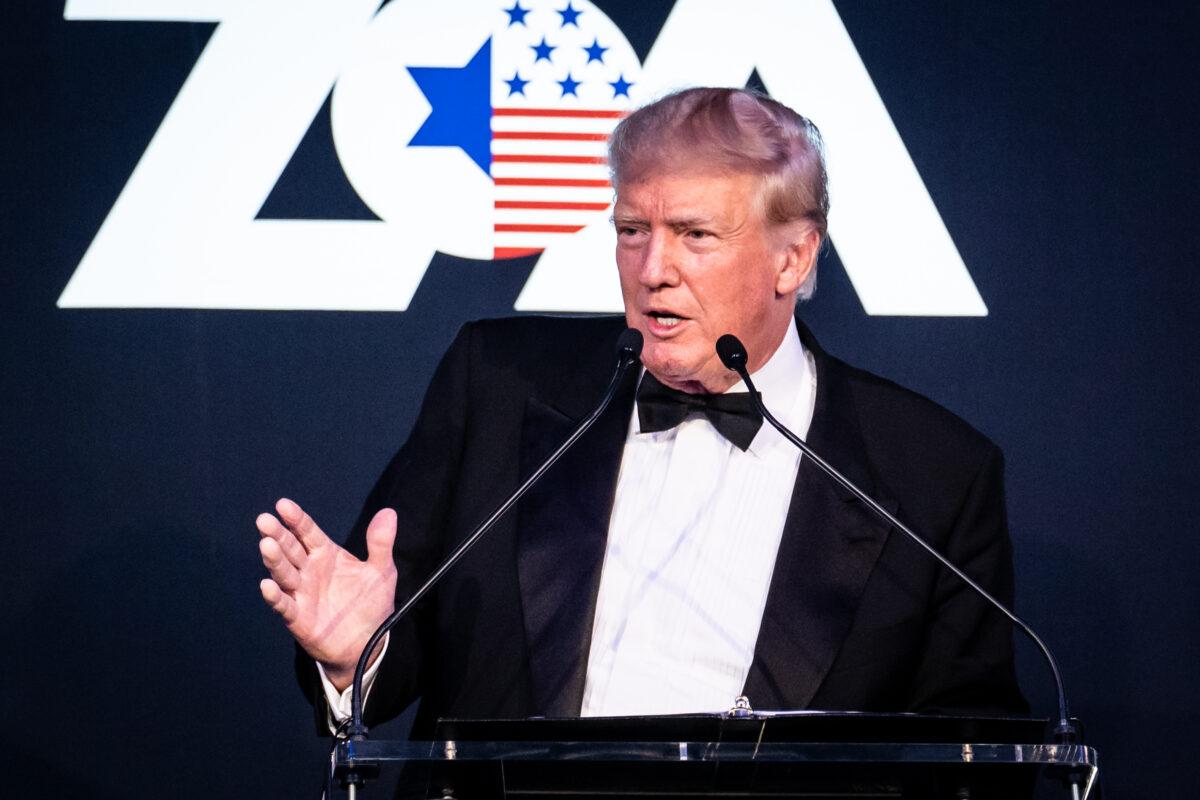 Former President Donald Trump speaks at the 2022 Zionist Organization of America Superstar Gala after receiving the ZOA Theodor Herzl Medallion at Pier Sixty in New York on Nov. 13, 2022. (Samira Bouaou/The Epoch Times)