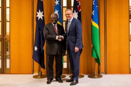 Australian Prime Minister Anthony Albanese meets with the Prime Minister of Solomon Islands, Manasseh Sogavar,e in Canberra, Australia, on Oct. 6, 2022. (Martin Ollman/Getty Images)