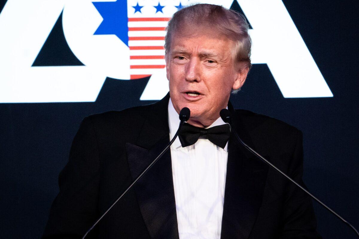 Former President Donald Trump speaks at the 2022 Zionist Organization of America Superstar Gala after receiving the ZOA Theodor Herzl Medallion at Pier Sixty in New York City on Nov. 13, 2022. (Samira Bouaou/The Epoch Times)