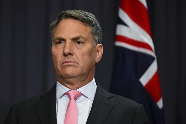 Australian Defence Minister Richard Marles speaks to the media during a press conference at Parliament House in Canberra, Australia, on Oct. 10, 2022. (AAP Image/Lukas Coch)