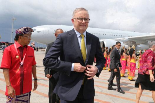 Australia's Prime Minister Anthony Albanese arrives at Ngurah Rai International airport in Denpasar on the Indonesian resort island of Bali on Nov. 14, 2022. (Firdia Lisnawati/POOL/AFP via Getty Images)