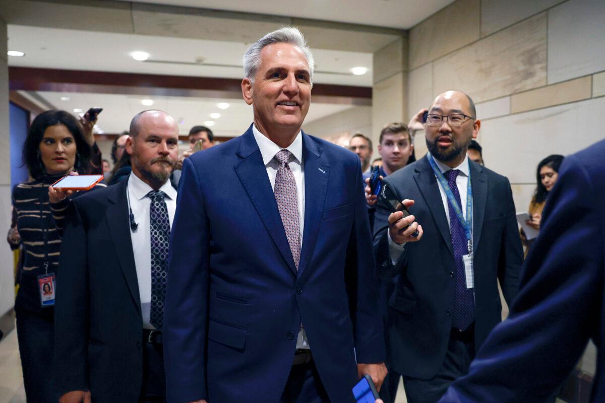 House Minority Leader Kevin McCarthy (R-Calif.) is followed by reporters as he arrives for a House Republican Caucus meeting at the U.S. Capitol in Washington on Nov. 14, 2022. (Anna Moneymaker/Getty Images)