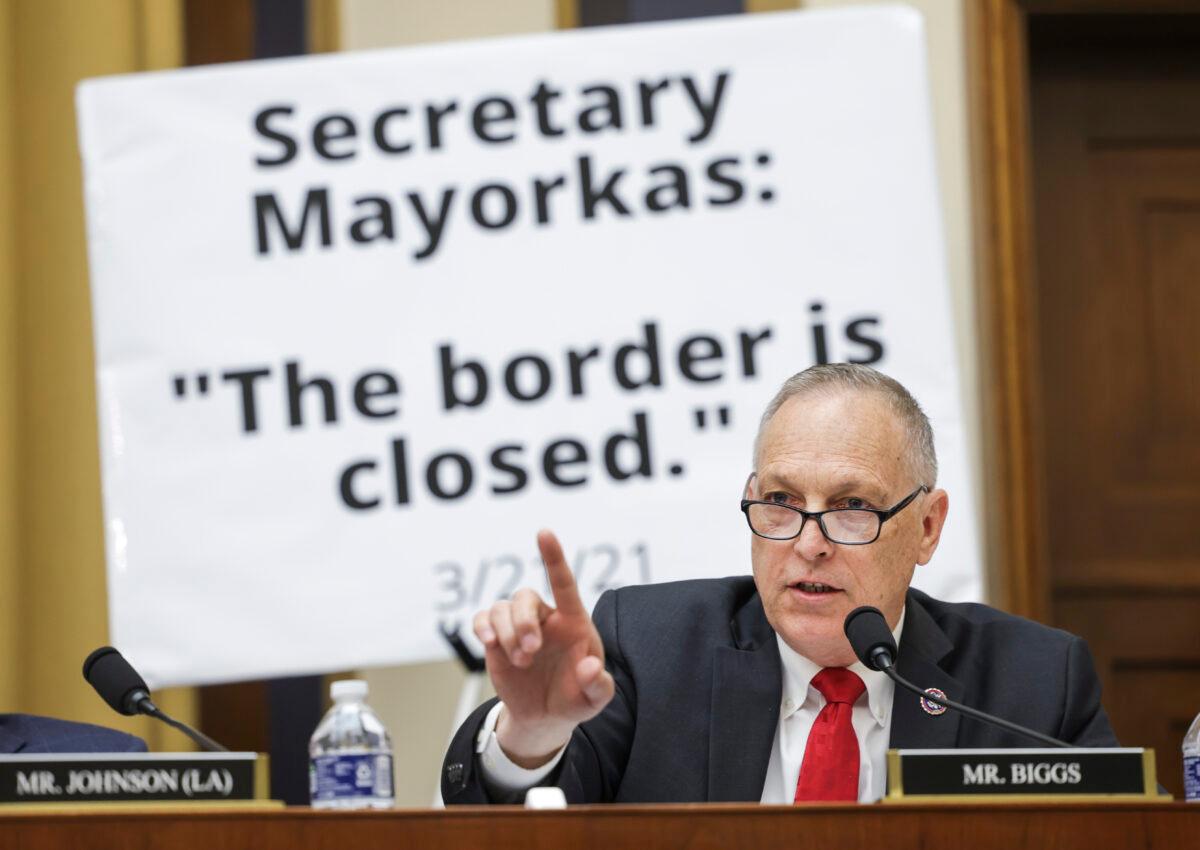 U.S. Rep. Andy Biggs (R-Ariz.) questions Homeland Security Secretary Alejandro Mayorkas as he testifies before the House Judiciary Committee at the Rayburn House Office Building in Washington, D.C., on April 28, 2022. (Kevin Dietsch/Getty Images)