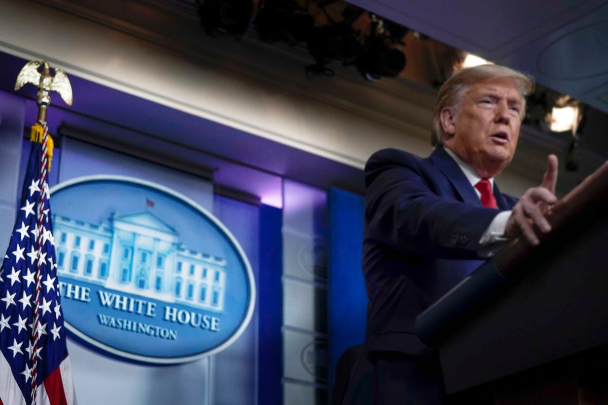 President Donald Trump speaks during a briefing on the coronavirus pandemic in the press briefing room of the White House on March 26, 2020, in Washington, DC. (Drew Angerer/Getty Images)