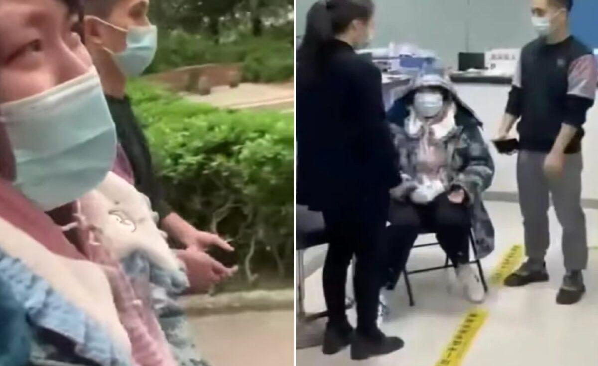 Lei, a pregnant woman in Chongqing (left in the left photo and middle in the right photo), suffered a miscarriage on Nov. 12, 2022. She blames the draconian lockdown measures of being the cause of her miscarriage. (Screenshot via the Chinese language edition of The Epoch Times)