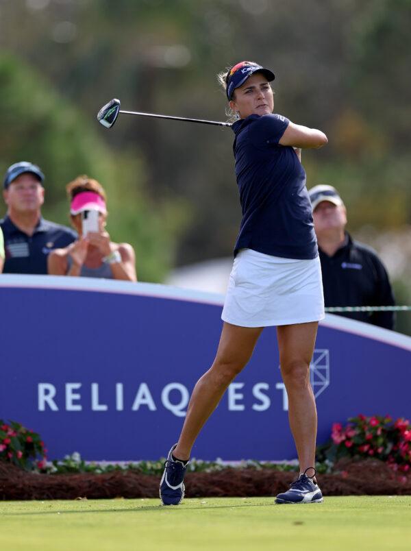 Lexi Thompson of the United States plays her shot from the 11th tee during the first round of the Pelican Women's Championship at Pelican Golf Club on Nov. 11, 2022. (Mike Ehrmann/Getty Images)