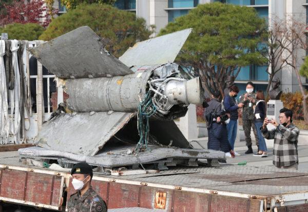 Debris of a North Korean missile salvaged from South Korean waters that were identified as parts of a Soviet-era SA-5 surface-to-air missile is seen at the Defense Ministry in Seoul, South Korea, on Nov. 9, 2022. (Yonhap via Reuters)