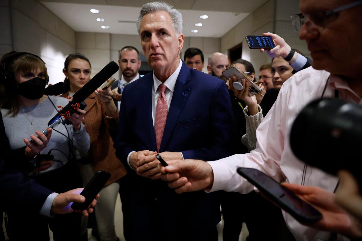 House Minority Leader Kevin McCarthy (R-Calif.) talks to reporters before the House Republican caucus leadership elections, in Washington, on Nov. 15, 2022. (Chip Somodevilla/Getty Images)