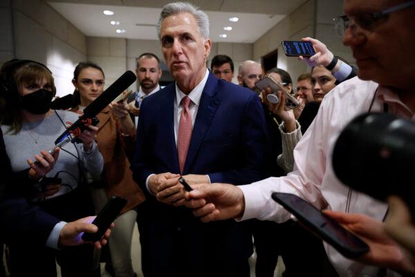 House Minority Leader Kevin McCarthy (R-Calif.) talks to reporters before the House Republican caucus leadership elections, in Washington on Nov. 15, 2022. (Chip Somodevilla/Getty Images)