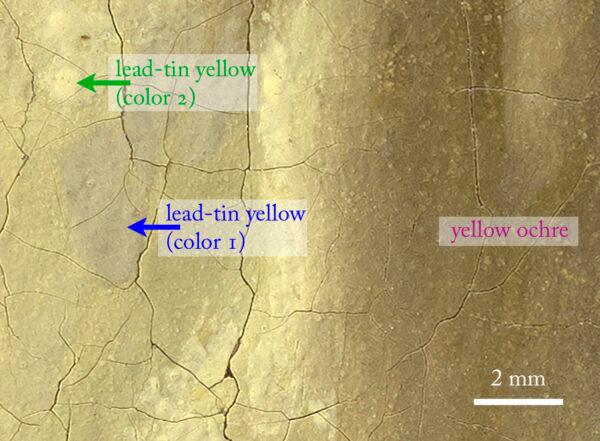A pigment map of the lady’s sleeve in “A Lady Writing” by Johannes Vermeer shows the three types of yellow pigment that he used. (National Gallery of Art, Washington)