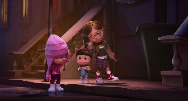 Three children, Margo (Miranda Cosgrove), Edith (Dana Gaier), and Agnes (Elsie Fisher) come into the life of Gru (Steve Carell), in "Despicable Me." (Universal Pictures)