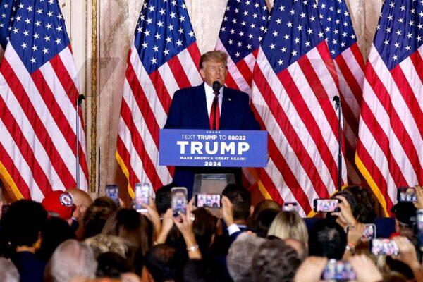 Former President Donald Trump announces he is running for president in the 2024 U.S. presidential election during an announcement at his Mar-a-Lago estate in Palm Beach, Fla., on Nov. 15, 2022. (Alon SkuyAFP via Getty Images)