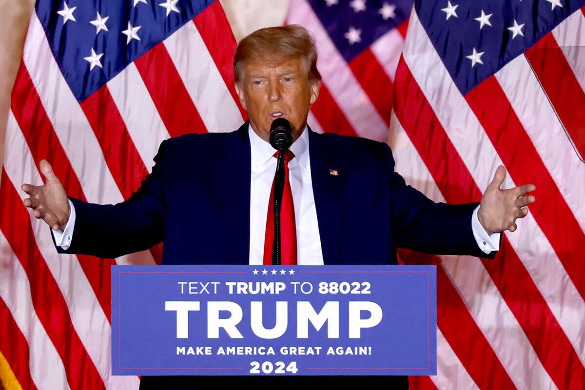 Former President Donald Trump announces he is running for president in the 2024 U.S. presidential election during an announcement at his Mar-a-Lago estate in Palm Beach, Fla., on Nov. 15, 2022. (Alon Skuy/AFP via Getty Images)