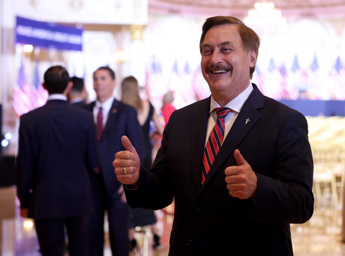 MyPillow CEO Mike Lindell speaks to the media before former U.S. President Donald Trump delivers a speech at his Mar-a-Lago home in Palm Beach, Florida, on Nov. 15, 2022. Trump is expected to announce his 2024 campaign for U.S. president. (Joe Raedle/Getty Images)