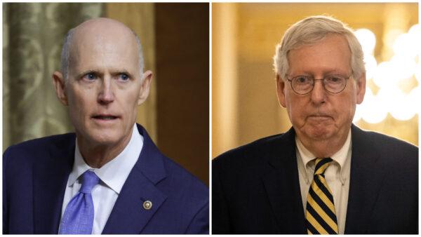 (Left) Sen. Rick Scott (R-Fla.) arrives as Director of the Office of Management and Budget (OMB) Shalanda Young is testifying before the Senate Budget Committee at the Dirksen Senate Office Building in Washington on March 30, 2022. (Kevin Dietsch/Getty Images); (Right) Senate Minority Leader Mitch McConnell (R-Ky.) walks to the Senate Chambers to give his first remarks of the day at the U.S. Capitol Building in Washington on Sept. 6, 2022. (Anna Moneymaker/Getty Images)