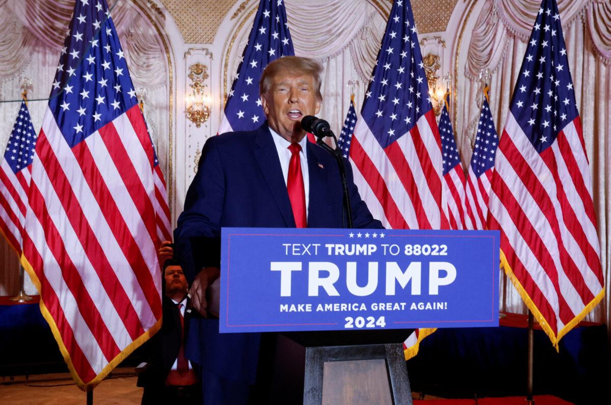 Former President Donald Trump announces he is running for president in the 2024 U.S. presidential election during an announcement at his Mar-a-Lago estate in Palm Beach, Fla., on Nov. 15, 2022. (Jonathan Ernst/Reuters)